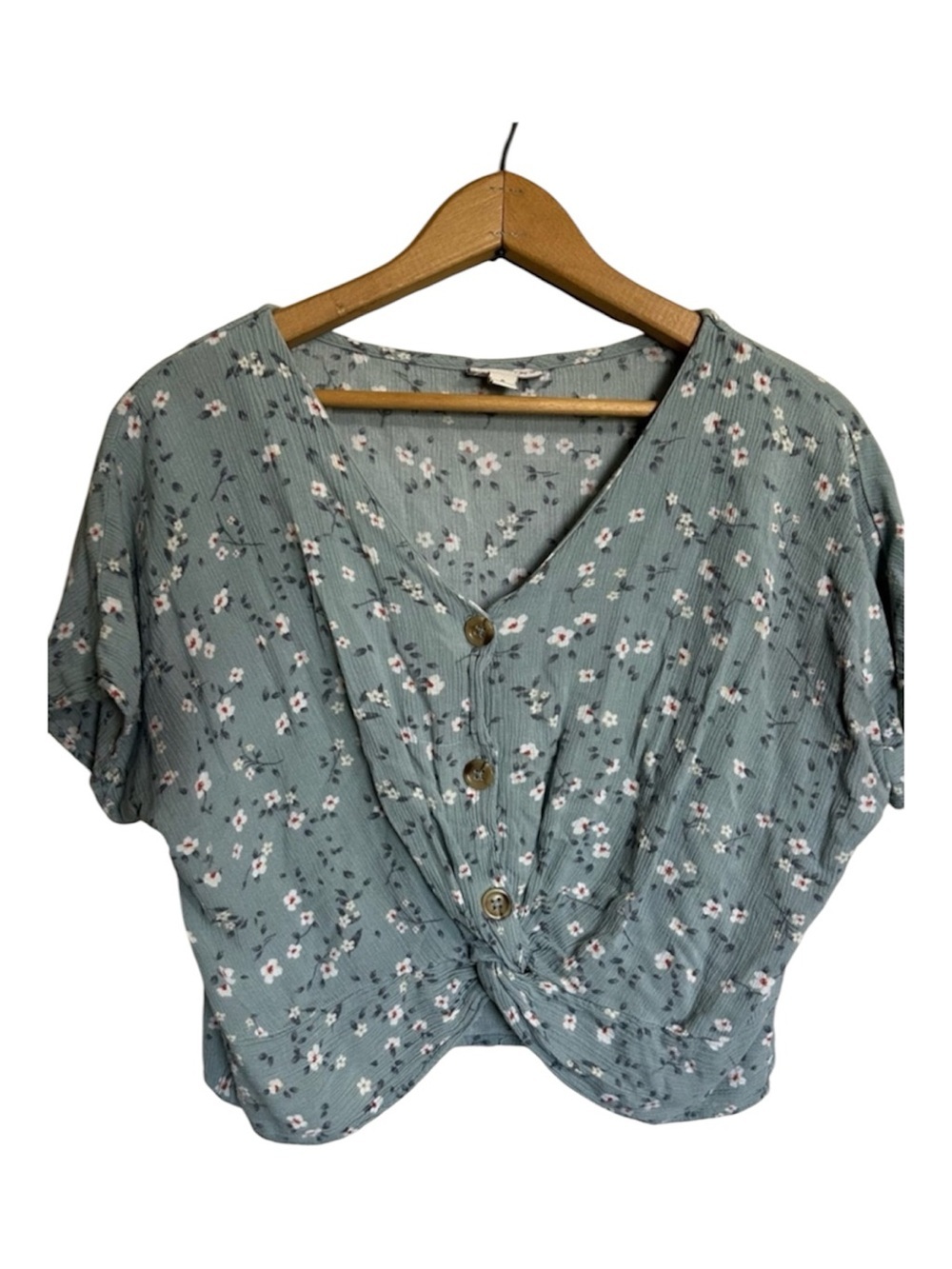 Sage Green Floral Button Front Twist Crop Top V-Neck Size S